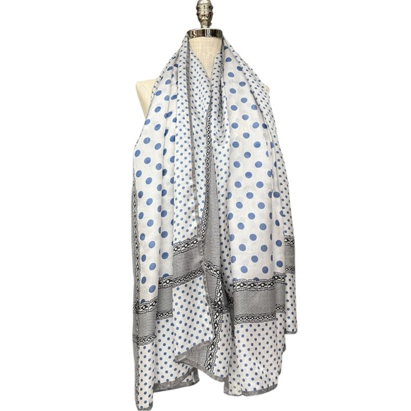 Vintage Accessories - Vintage Sheer Blue Polka Dot Scarf Black Lace Border 70x42 Oversized Wrap